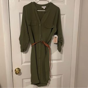 Army Olive Green Belted Button-down dress
